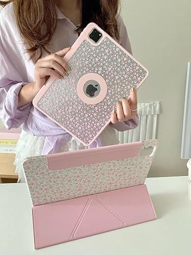 Detachable Magnetic Adjustable Kickstand Leather Folio Case with Stylus Holder for Apple iPad 10.2-inch 9 9th Generation 2021 White Pink Rose Flower Floral Pretty Chic Cute Lovely Girls thumbnail 5