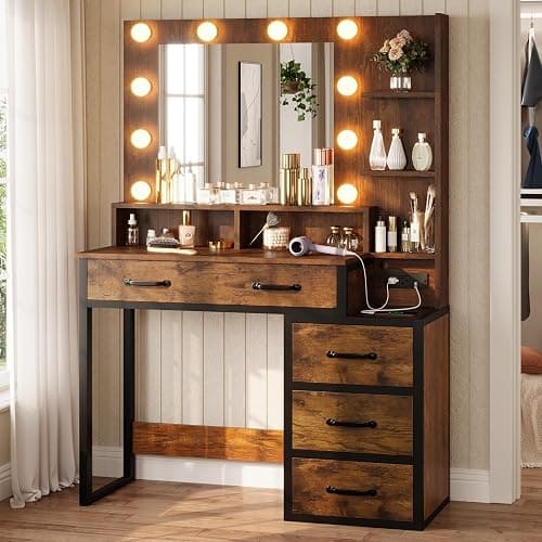 Tiptiper Vintage Makeup Vanity with Lights in 3 Colors, Vanity Table with Charging Station of 2 USB Ports and Outlets, Vanity Desk with Large Mirror, Drawers and Shelves, Rustic Brown and Black thumbnail 6