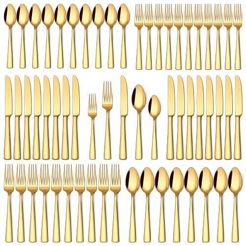 Stapava 60 Pcs Gold Silverware Set, Food-Grade Stainless Steel Flatware Sets for 12 Mirror Polished Cutlery Utensil Sets Include Dinner Knives Spoons and Forks Set Dishwasher Safe for Home Restaurant - Image 1