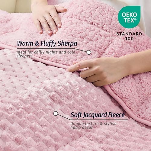 Wemore Fleece Weighted Blanket for Adults (60" x 80" 15lbs, Pink), Dual Sided Cozy Soft Sherpa Heavy Blanket, 3D Imitation Turtle Shell Warm Jacquard Flannel Weighted Blankets for Couch and Bed thumbnail 3