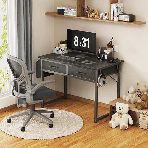 DLisiting Small Desk with Fabric Drawers for Bedroom, 32 Inch Gaming Desk with 2 Drawers for Small Space, Study Writing Table PC Desks, Black thumbnail 2
