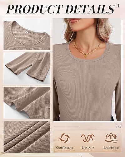 Ficerd 3 Pack Women's Ribbed Long Sleeve Tops, Crew Neck Slim Fit Undershirts Knit Basic Casual Stretch Layering Tee Shirts thumbnail 3