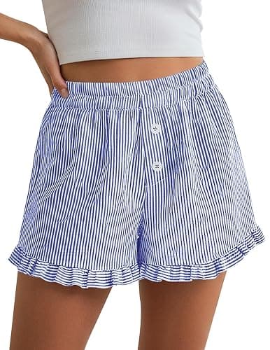 PRETTYGARDEN Womens Boxer Shorts Y2K Ruffle Pajama 2026 Summer Spring Lounge Sleep Striped Casual Beach Pj Bottoms Pockets thumbnail 2