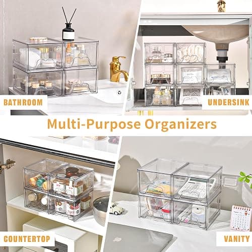 Stebopum 6 Pack Stackable Makeup Organizer, 4.4'' Tall Acrylic Bathroom Makeup Organizer and Storage Drawer with Pull-out Handle, Clear Plastic Storage Bins for Vanity,Pantry,Desk,Undersink,Kitchen thumbnail 7