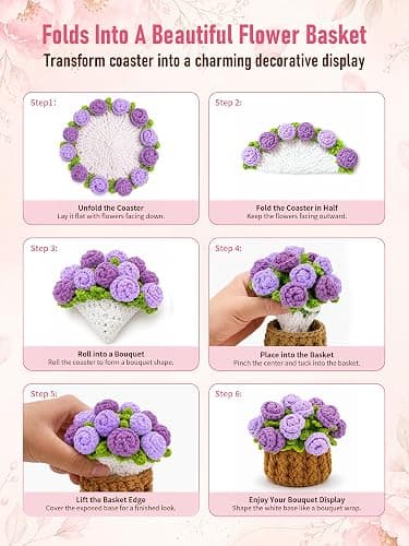 KQJS Crochet Flower Bouquet Coasters, Cotton Rose Gifts for Home Decor 1Pc | Purple Flower Blanket Bouquet Decorations for Living Room Desk, Cute Gifts for Mothers Day, Birthday, Christmas, Thank You thumbnail 4