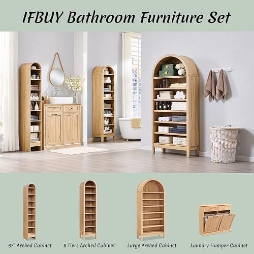 IFBUY Tilt Out Laundry Hamper Cabinet, Trash Can Cabinet, Natural | 10 Gallon Farmhouse Trash Cabinet w/Drawer, Hidden Wood Garbage Can Cabinet w/Laundry Storage Basket for Bathroom, Kitchen thumbnail 6