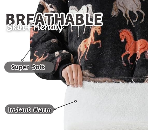 Huglanket Horse Gifts for Girls, Women, Horse Lovers, Wearable Flannel Horse Blanket Hoodies thumbnail 2
