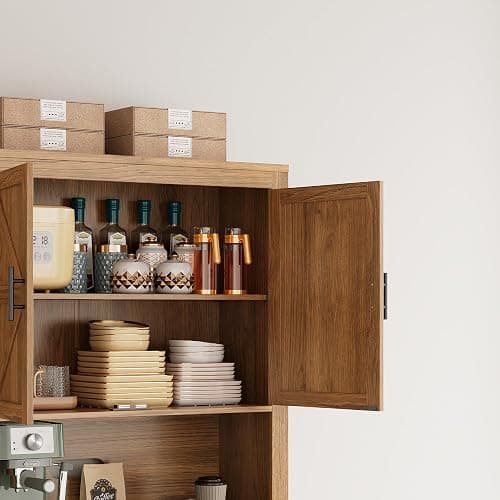 IRONCK 70" Farmhouse Kitchen Pantry, Storage Cabinet with Power Outlets, 4 Side Shelves, Buffet Sideboard with Microwave Stand, Coffee Bar with 2 Drawers, Cupboard for Dining Room (Dark Walnut) thumbnail 8
