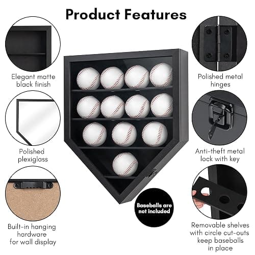 Americanflat 12.9x15.5 Baseball Display Case Holds Up to 12 Baseballs or Champion Rings - All-Star Collection - Wall Mounted Home Plate Baseball Display Case with Polished Plexiglass - Black thumbnail 6
