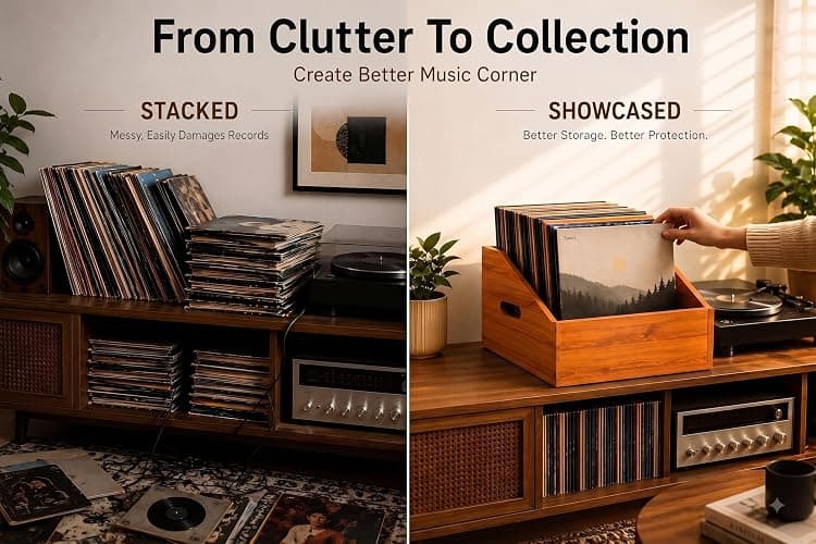 Wood Vinyl Record Storage, Retro & Durable Vinyl Crate and Record Holder, Album Storage Record Case Box for 60+ Records, Perfect Record Organizer for Home Decor and Collection Display(Brown) thumbnail 6