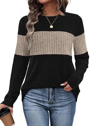 WIHOLL Womens Sweaters Trendy Color Block Tops Long Sleeve Shirts Fall Outfits Early Fall Fashion 2025 Winter Clothing - Image 1