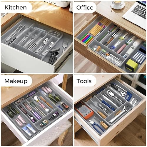 ukeetap Extra Large Expandable Silverware Organizer, BPA-Free Food-Safe Cutlery Flatware Organizer, Kitchen Utensil Drawer Organizer, Adjustable Silverware Holder for Spoons Forks Knives, Gray thumbnail 8