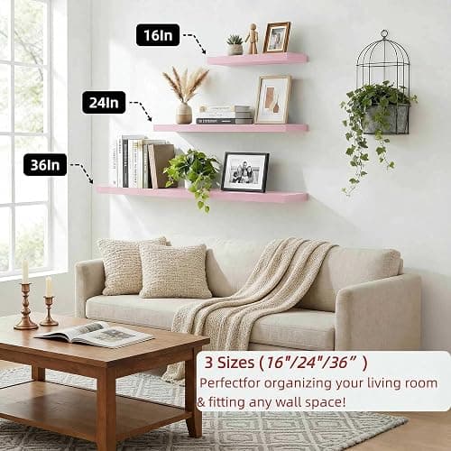 SAUMONIERES Floating Shelves Wall Shelf Solid Wood for Bathroom Bedroom Kitchen Set of 3, Pink Wall Shelves thumbnail 6