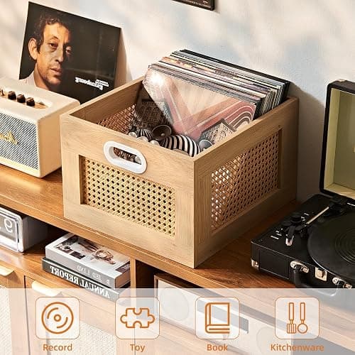 LELELINKY Vinyl Record Storage Crate, Rattan Wooden Record Crate for Vinyls, Vinyl Record Holder with Handle, Multifunctional Records Stand Holder Vinyls Organizer for 75 LPs, Natural thumbnail 5
