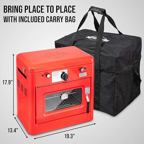 Hike Crew Outdoor Gas Camping Oven w/Carry Bag | CSA Approved Portable Propane-Powered 2-Burner Stove & Oven | Auto Ignition, Overheat Safety Shutoff, Built-In Thermometer | Hose & Regulator Included - Red thumbnail 2