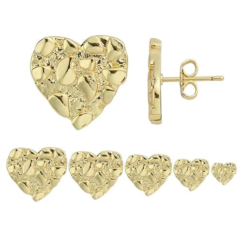 14k Gold Plated Rough Textured Cookie Heart Shape Nugget Stud Earrings For Men/Women Unisex - L(12mm) - Image 1