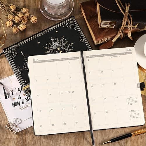 Artfan Diary 2026 - Diary 2026 a5 Week to View, January 2026 - December 2026 12 Months, Premium Leather Cover, Gold Stamp, Accordion Pocket, 25 Note Pages, Black thumbnail 7