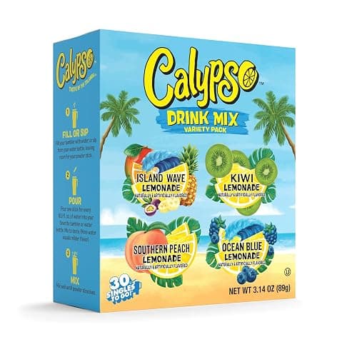 Calypso Singles To Go! Drink Mix Variety Pack – On-the-Go Powdered Drink Mix Packets – Low Calorie Water Enhancer – Island Wave, Kiwi, Southern Peach, Ocean Blue, 30 Count - Image 1