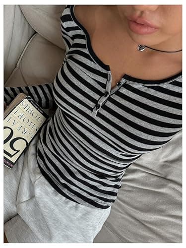 GORGLITTER Women's Striped Henley Shirts Scoop Neck Button Front Long Sleeve Tee Fitted Tops thumbnail 5
