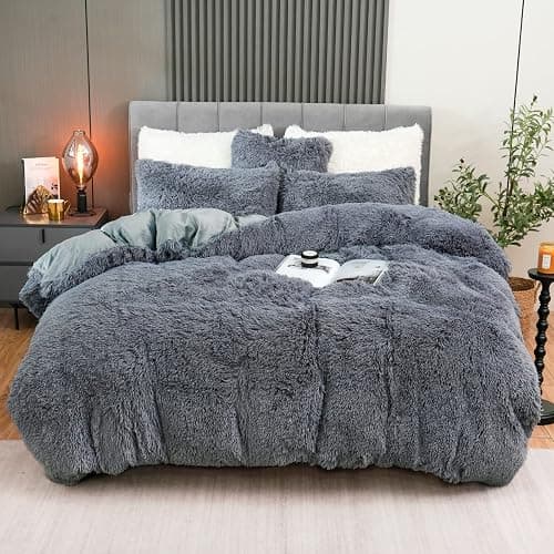 Fluffy Plush Duvet Cover Set , Luxury Ultra Soft Velvet Fuzzy Comforter Cover Bed Sets 4Pcs(1 Faux Fur Duvet Cover + 2 Pillow Cases + 1 Cover) Zipper Closure (Queen, Dark Gray) - Image 1
