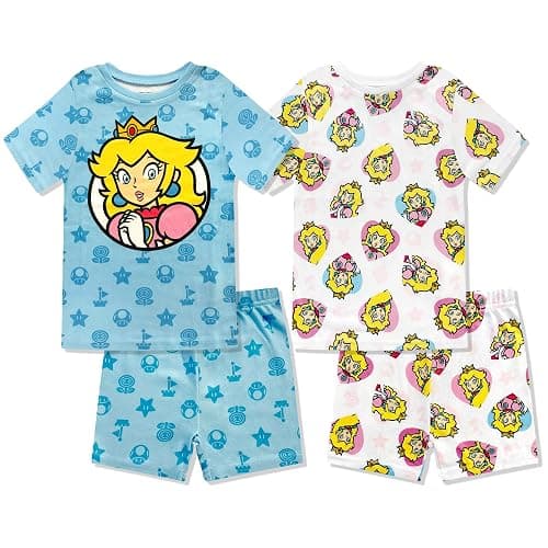 Princess Peach 4 Piece Pajama Set - Girls PJ Tight Fit Short Sleeve Shirt & Short, Soft Kids Sleepwear Set - Official License - Image 1