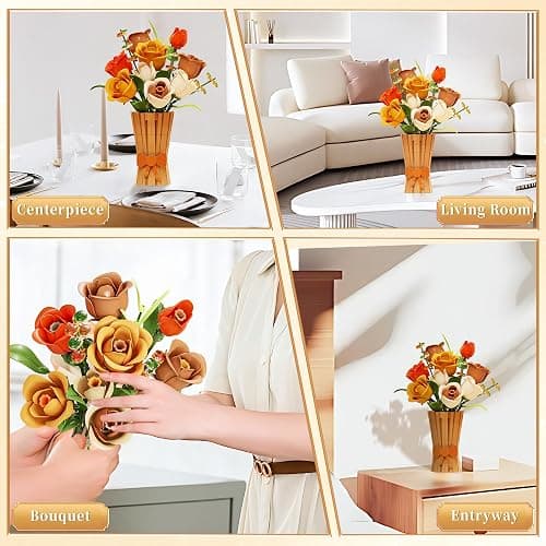 Flowers Set with Vase for Adults Compatible with Lego Flowers, Icon Roses Bouquet Botanical Collection Kits Artificial Flower Set, Valentines Day Gifts for Her Him Kids 14+, Home Office Decorations thumbnail 6