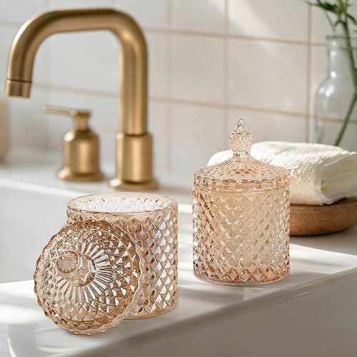 2 Pack Qtip Holder Thick Glass Apothecary Jars with Lid for Bathroom Decor Storage Organizer for Cotton Swabs, Balls, Pads, Floss Picks, Candy, Jewelry, Amber thumbnail 2