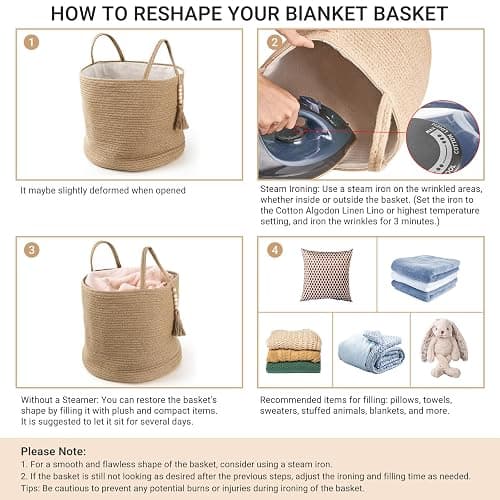 Mkono Woven Storage Basket Decorative Natural Rope Basket Wooden Bead Decoration for Blankets,Toys,Clothes,Shoes,Plant Organizer Bin with Handles Living Room Home Decor, Jute, 16" W × 13.8" L thumbnail 8