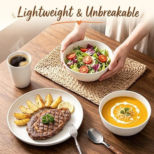 BUSOKIP Plates and Bowls Sets for 8, Unbreakable & Lightweight Wheat Straw Dinnerware Sets 32 PCS, Microwave Safe Dishes Set for 8, Dinner Plate, Kitchen Cups and Bowls for Outdoor- White thumbnail 5