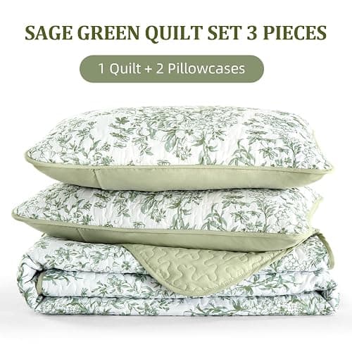 WONGS BDEEING Quilt King Size, Sage Green Quilt Bedding Set with 2 Pillowcases, Botanical Quilt for King Bed, Soft Microfiber Lightweight Coverlet Bedspread for All Season (110"×90", 3 Pieces) thumbnail 7