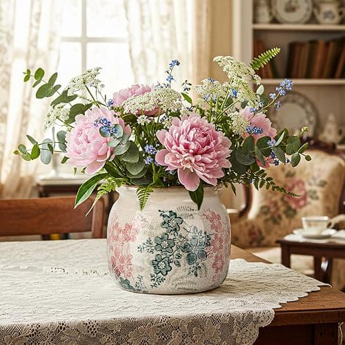 Ninehaoou Vintage Planter Large Ceramic Plants Pot Green Pink Rose Ice Cottage Scroll Vase Flower Vase Pot Indoor Plants Home Decor Farmhouse Antique Decorative Gifts | Ice Cottage Scroll Vase Flower Vase Pot Indoor Plants Home Decor Farmhouse Antique Decorative Gifts thumbnail 6