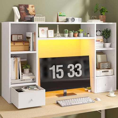 REIBII Desktop Bookshelf with LED Lights,47.2" Desktop Organizer with 6 Shelves and 2 Drawers for Top of Desk,Multipurpose Desk Hutch Dorm with Adjustable Shelves for Home and Office,White - Image 1