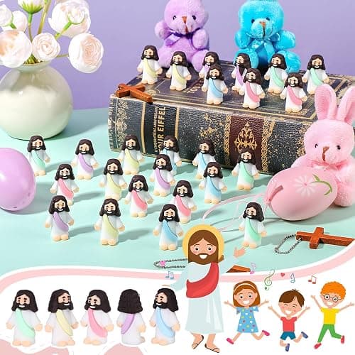 Bememo 25 Pcs Little Jesus Figures Original Design Mini Rubber Jesus Figurine to Hide and Seek Religious Party Favors Sunday Baptism Gifts(Macaron Color) thumbnail 3