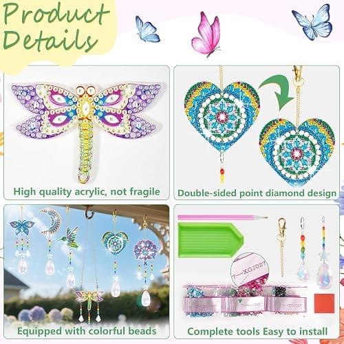 6 Pcs Diamonds Paintings Suncatcher, Double Sided 3D Diamonds Paintings Wind Chime Paint by Number, Diamond Paintings Hanging Ornaments for Adults Home Garden thumbnail 6