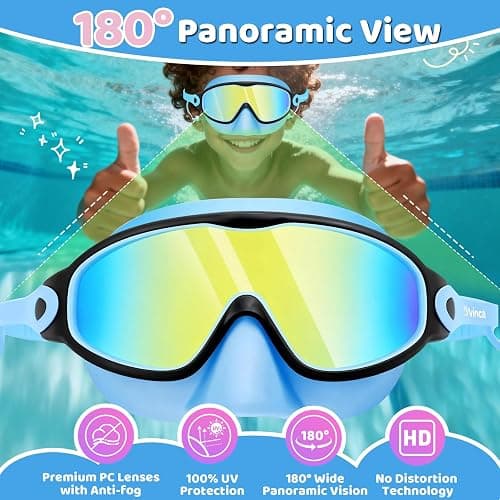Vvinca Swim Goggles, Kids Goggles with Earplugs& Nose Clip Wide View Anti-Fog/UV Swimming Goggles for Age 3-15 Boys Girls thumbnail 5
