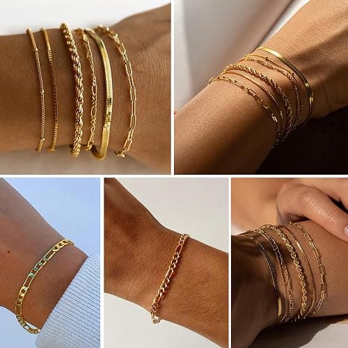 Florideco Gold Bracelets for Women Waterproof 14K Gold Plated Bracelet Stack Set Non Tarnish Trendy Thin Dainty Stackable Cuban Link Paperclip Chain Bracelet Pack Fashion Cute Jewelry Set thumbnail 4