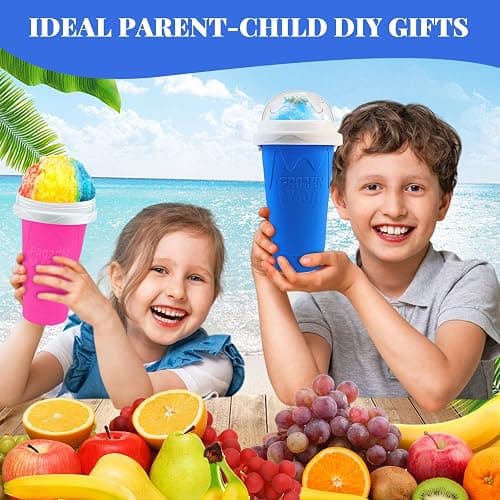 FANS-ONE Slushie Cup, 2 Pack Slushy Maker Cup, DIY Magic Squeeze Cups for Juice Milk Yogurt Ice Cream Make, Frozen Cooling Cup with Lid & Straw Cool Stuff Things for Kids Friends Family (Blue+Pink) thumbnail 2