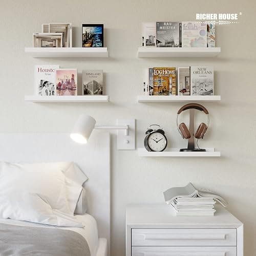 RICHER HOUSE 5 Set White Floating Shelves, Wall Mounted Shelves for Wall Decor, Modern Picture Ledge Shelf with Lip for Storage Nursery, Bedroom, Living Room, Bathroom - White thumbnail 5
