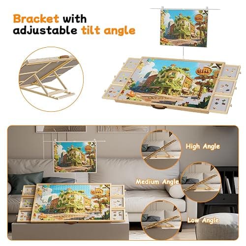 Opprut 1500-Piece Rotating Puzzle Board with Drawers and Cover, Puzzle Tables for Adults, Portable Jigsaw Wood Table with 6 Storage Drawers, Non Slip Felt and Handle, Ideal Gift（35.1"x26"） thumbnail 6