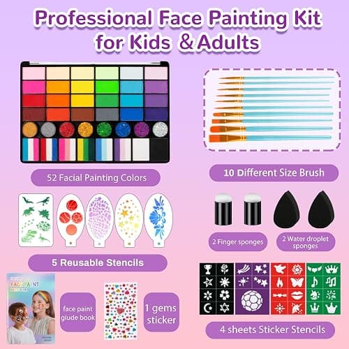 Face Painting Kit for kids, 52 Colors Professional Face Paint Makeup Kit Non-Toxic Water Activated Facepaint Palette, glitter gel, brushes, sponges, stencils for party Halloween School Event Festivals thumbnail 2