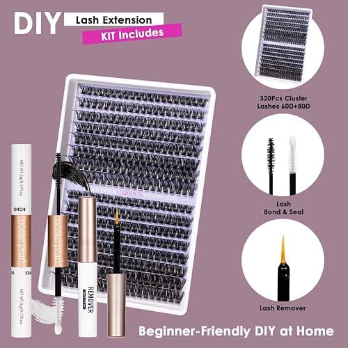 Ocean Pearl Lash Clusters 320pcs 3D Thick Lash Clusters kit 60D+80D Lashes,Eyelashes,Lash Extension Kit,Eyelash Clusters with Lash Bond&Seal&Remover&Tweezers,Lashes Clusters Eyelash Extensions Kit thumbnail 3