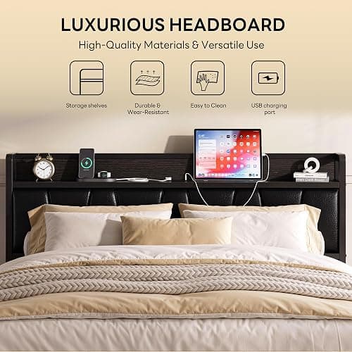 LIKIMIO Queen Bed Frame with Storage Headboard and Charging Station | Black Upholstered Platform Bed Frame, Sturdy Noise-Free Metal Support, No Box Spring Needed, Easy Assembly thumbnail 3