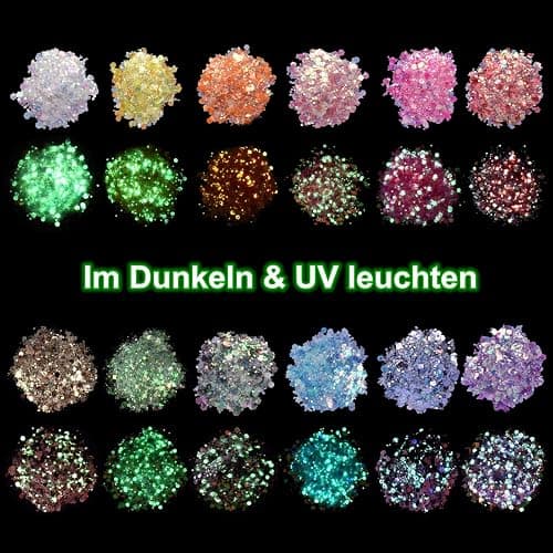 12 Farben Festival Glitzer Gesicht, Fluoreszierender Body Glitter für Gesicht, Nägel, Augen, Haare - Chunky Sequin Glitzerpulver Set für Karneval, Fasching, Halloween, Partys und DIY Handwerk thumbnail 4