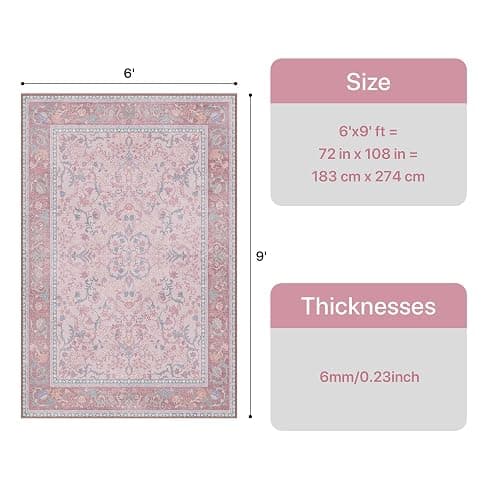 Pink Area Rug 6x9 Washable Rugs for Bedroom Girls Floral with Non Slip Backing, Low Pile Carpet for Living Room, Nursery Room, Dinning Room, Light Pink Blue thumbnail 2