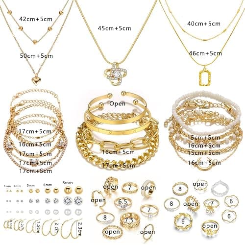 IFKM Gold Plated Jewelry Set for Women,14k Gold Plated Multi Layer Necklaces Stackable Bangle Bracelets Stackable Knuckle Rings Hoop Earrings Set Anniversary Trendy Elegance Charms Anniversary Birthday Jewelry Gift thumbnail 7