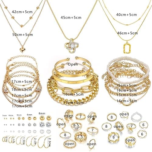 IFKM Gold Plated Jewelry Set for Women,14k Gold Plated Multi Layer Necklaces Stackable Bangle Bracelets Stackable Knuckle Rings Hoop Earrings Set Anniversary Trendy Elegance Charms Anniversary Birthday Jewelry Gift thumbnail 8