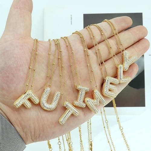 FUTIMELY Women's Gold Initial Necklace | Puffy Alphabet Pendant | Personalized Name Gifts | Trendy Balloon Chain With Zircon Crystals thumbnail 7