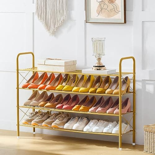 Hoctieon 4 Tier Mesh Style Shoe Rack, Entryway Shoe Shelf, Shoe Storage Organizer, Shoe Rack for Closet, Space Save for Bathroom, Garage, Hallway, Bedroom, Living Room, Gold thumbnail 2