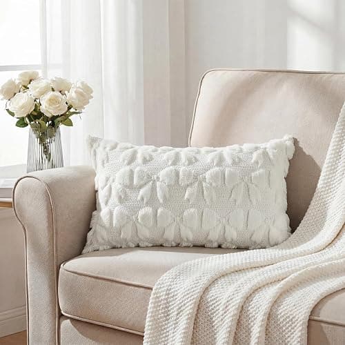 AVOIN colorlife Cream White Bow Throw Pillow Covers Set of 2, 12 x 20 Inch Coquette Room Decor Aesthetic Decorative Soft Plush Faux Fur Jacquard Cushion Case Gift for Girl Bed Sofa thumbnail 3
