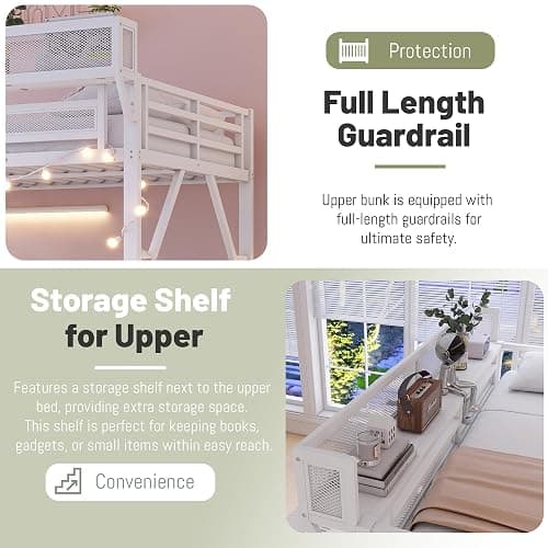 MoproBeti Full Loft Bed with Stairs, Metal Loft Beds Full Size with Storage Shelves, Adults Loft Bed with Wardrobe, Heavy Duty High Loft Bed for Teens, No Box Spring Needed, No Noise,White thumbnail 4
